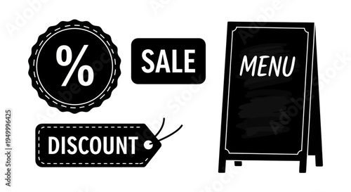 A collection of black and white graphic elements related to sales, discounts, and menus, including a percentage sign badge, a sale tag, a discount tag, and a menu board.