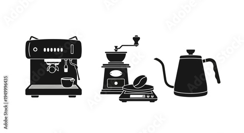 A black and white illustration showcasing essential coffee brewing equipment including an espresso machine, a manual coffee grinder with a scale, and a gooseneck kettle.