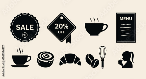A collection of black and white icons representing a coffee shop or bakery, including sale tags, coffee cups, pastries, and a menu.