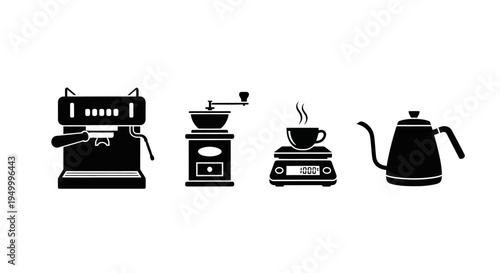 A collection of black icons representing coffee brewing equipment, including an espresso machine, manual grinder, digital scale with a steaming cup, and a gooseneck kettle.