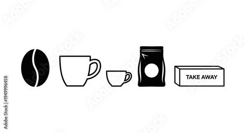 A minimalist black and white illustration depicting various coffee-related items arranged in a row, including a coffee bean, two cups, a coffee bag, and a takeaway box.