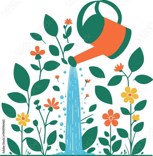 Bold colorful line art illustration of a watering can pouring water that transforms into growing leaves and flowers, eco growth concept, thick rounded vector stroke 3