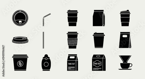 Collection of black coffee-related icons including cups, lids, straws, and bags on a light background.