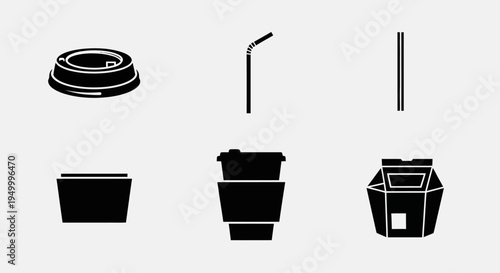 A collection of black and white icons representing disposable food and drink containers, including a lid, straws, a cup, a sleeve, and a takeout box.