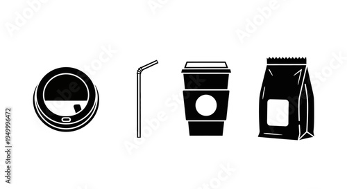 A collection of black and white icons representing coffee shop items: a lid, a straw, a coffee cup with a sleeve, and a paper bag.
