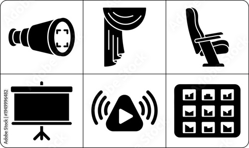 The image features a grid of six black icons on a white background, including a spotlight, curtain, chair, screen, play button, and arrows, creating a visually appealing and modern design silhouette.