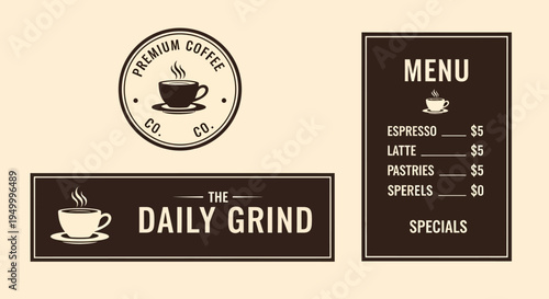 A collection of coffee shop branding elements including a circular logo, a rectangular sign, and a menu board.