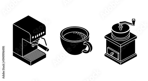 A black and white isometric illustration of a coffee maker, a cup of coffee, and a coffee grinder, representing the process of making coffee.