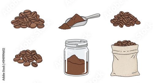A collection of coffee beans and ground coffee presented in various forms, including piles, a scoop, a jar, and a bag.