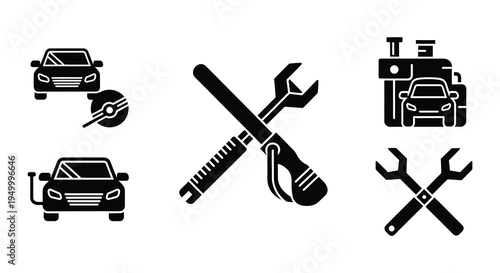 Vintage engine parts and tools in a black and white illustration
