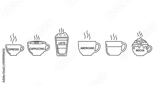 A collection of six stylized line art icons representing various popular coffee drinks, including espresso, cappuccino, latte, Americano, and mocha, each with subtle steam rising.