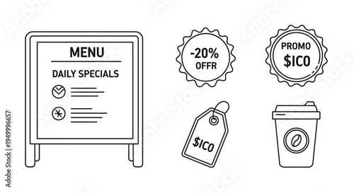 A collection of line art icons representing a cafe's menu board, promotional offers, price tags, and a coffee cup.