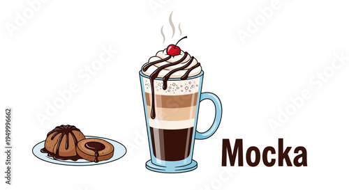 A delicious mocha coffee drink with whipped cream, chocolate drizzle, and a cherry on top, served with cookies.