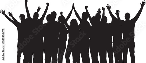 A silhouette of a diverse group of people celebrating and cheering with their arms raised high Vector, illustration
