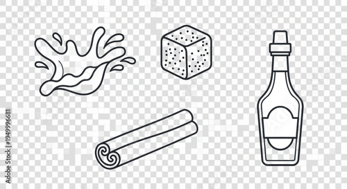 A collection of line art icons representing ingredients for a beverage, including a splash of liquid, a sugar cube, cinnamon sticks, and a bottle.