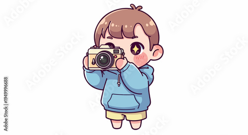 A cheerful young boy taking a photo with a camera in a pastel color style against a clean white background.
