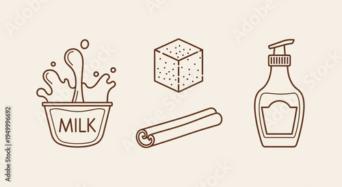 A collection of line art icons representing ingredients for a beverage or dessert, including milk, sugar, cinnamon, and a dispenser bottle.