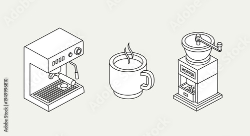 Isometric line art illustrations of a coffee machine, a steaming cup of coffee, and a coffee grinder on a plain background.