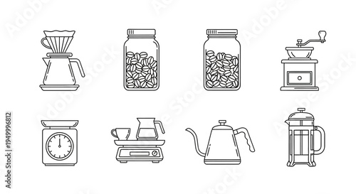 A collection of line art illustrations depicting various coffee brewing equipment and accessories, presented in a grid layout.