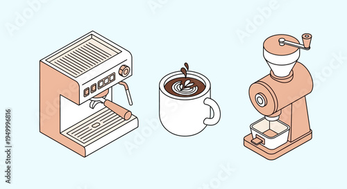 Isometric illustration of a coffee machine, a mug of coffee with latte art, and a coffee grinder on a light blue background.