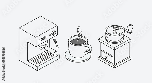 Isometric line art illustration of coffee making equipment including an espresso machine, a steaming cup, and a manual grinder.