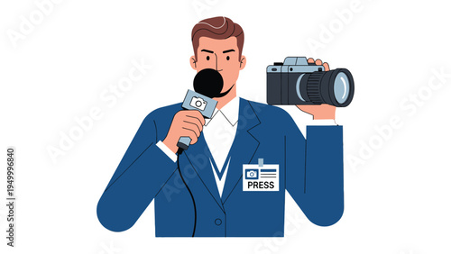 News Reporter at Work: An illustration of a determined news reporter, microphone in hand, camera poised, ready to capture the moment and deliver the story with conviction.