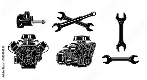 Vintage engine parts and tools in a black and white illustration