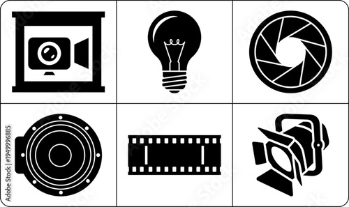 A set of black and white icons representing various aspects of photography and filmmaking in silhouette mode.