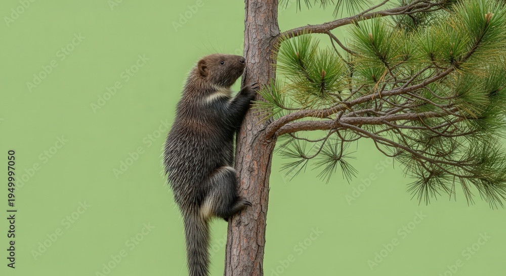 Fototapeta premium Adorable Squirrel Climbing Tree Branch with Green Background
