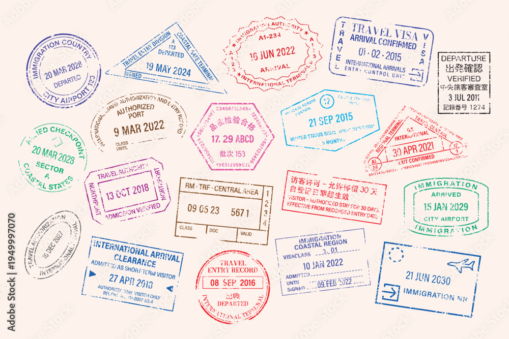 Fototapeta premium Colorful travel passport stamps collection vector elements