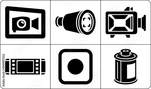 A collection of six black and white icons depicting various film and photography equipment, including a camera, projector, battery, filmstrip, and screen, shown in silhouette mode.