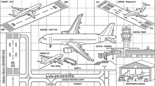 Airport aviation operations diagram, airplane runway terminal control tower maintenance hangar vector technical illustration map