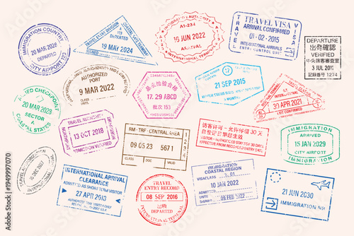 Colorful travel passport stamps collection vector elements