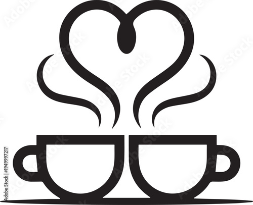 Two coffee cups with heart shaped steam clouds vector illustration for romantic breakfast