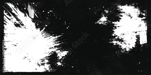 Abstract black and white minimalist artwork depicts a captivating interplay of light and shadow, featuring explosive textures and dynamic abstract forms.