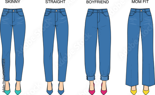 Skinny jeans, straight cut denim, boyfriend relaxed fit, mom high waist tapered style, trendy women’s fashion denim comparison chart – flavector