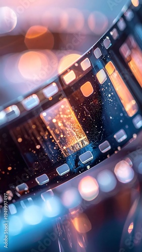 Vibrant Film Strip with Bokeh Lights Reflecting Cinematic Memories.