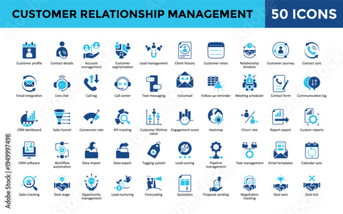 Customer Relationship Management icons set with customer profile, contact details, account management, customer segmentation, lead management, relationship timeline icon. Simple flat vector 
