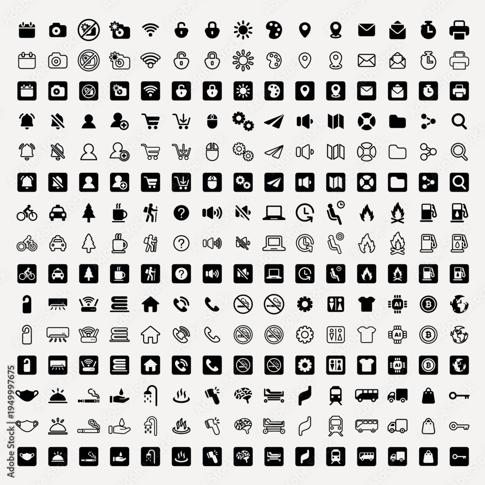Fototapeta premium Collection of diverse icons including technology, transportation, and communication. Black and white icons, simple and versatile design for various uses. User interface icon vector set.
