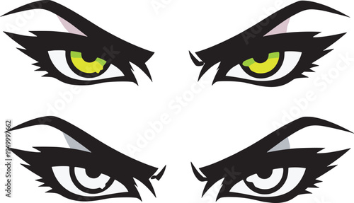 Angry monster eyes vector set, fierce evil gaze illustration with glowing green pupils spooky character design