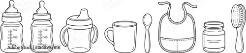 Baby feeding accessories set, bottle sippy cup spoon bib brush jar infant care vector icons