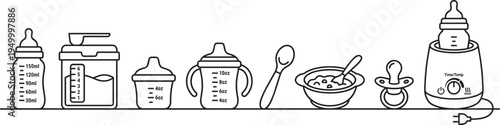 Baby feeding equipment icons set, bottle warmer bowl spoon pacifier infant nutrition vector collection