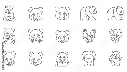 Panda bear vector icons set featuring portraits and full body animal poses