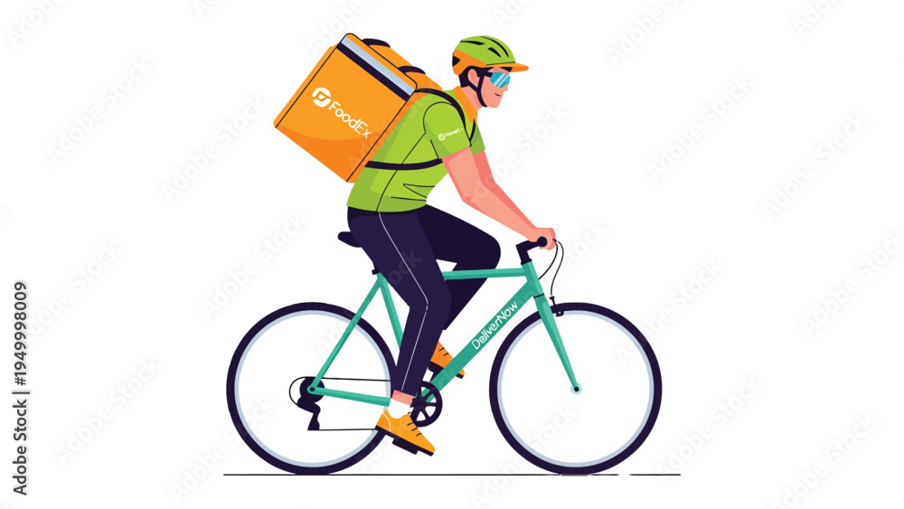 Fototapeta premium Speedy Delivery: A cyclist, geared up and focused, swiftly navigates the city streets, his insulated carrier ready to deliver goods.