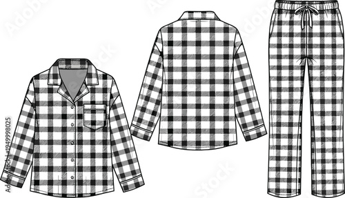 Three piece pajama set, long sleeve button shirt front and back, drawstring pants, black white plaid fashion clothing illustration – flavector
