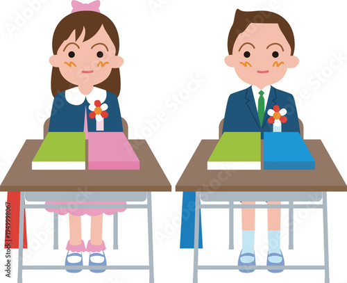 日本の小学校に入学する一年生。正装した男の子と女の子が机に向かって座っているイラスト。