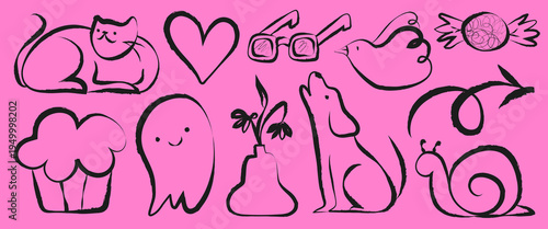 Playful doodles of a cat, heart, glasses, bird, candy, cupcake, ghost, plant, dog, and snail on a pink background. Fun and whimsical designs. Cute element vector set.