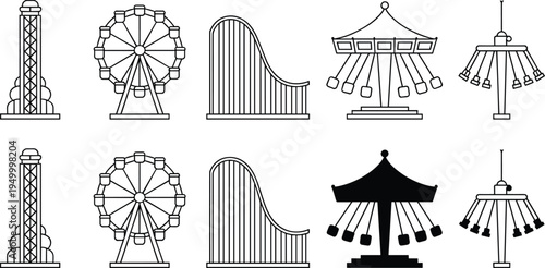 Amusement park rides icons set with drop tower ferris wheel roller coaster carousel swing ride, minimalist line and silhouette theme park vector collection