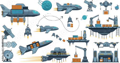 Futuristic Space Industry and Cargo Transport Illustration Set Featuring Sci Fi Spaceships, Orbital Stations, Robotic Cranes, Satellites and Interplanetary Logistics Technology