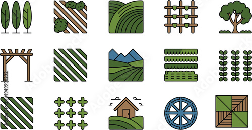 Agriculture farming icons set with farmland fields vineyard trellis crops irrigation rural landscape trees farm house, colorful flat agriculture vector collection